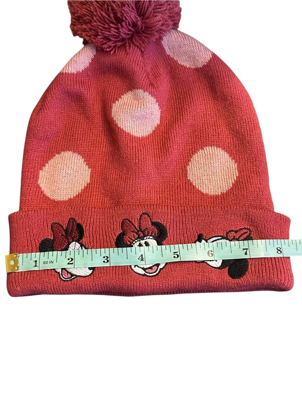 Disney Minnie Mouse Burgundy Pom Pom Beanie with Pink Polka Dots